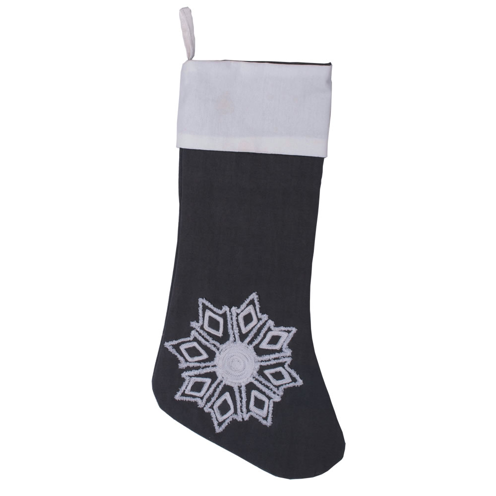 Frost Grey Duck Cloth With Pure White Cuff and Embroidered Motif Winter Snowflake Decorative Christmas Stocking
