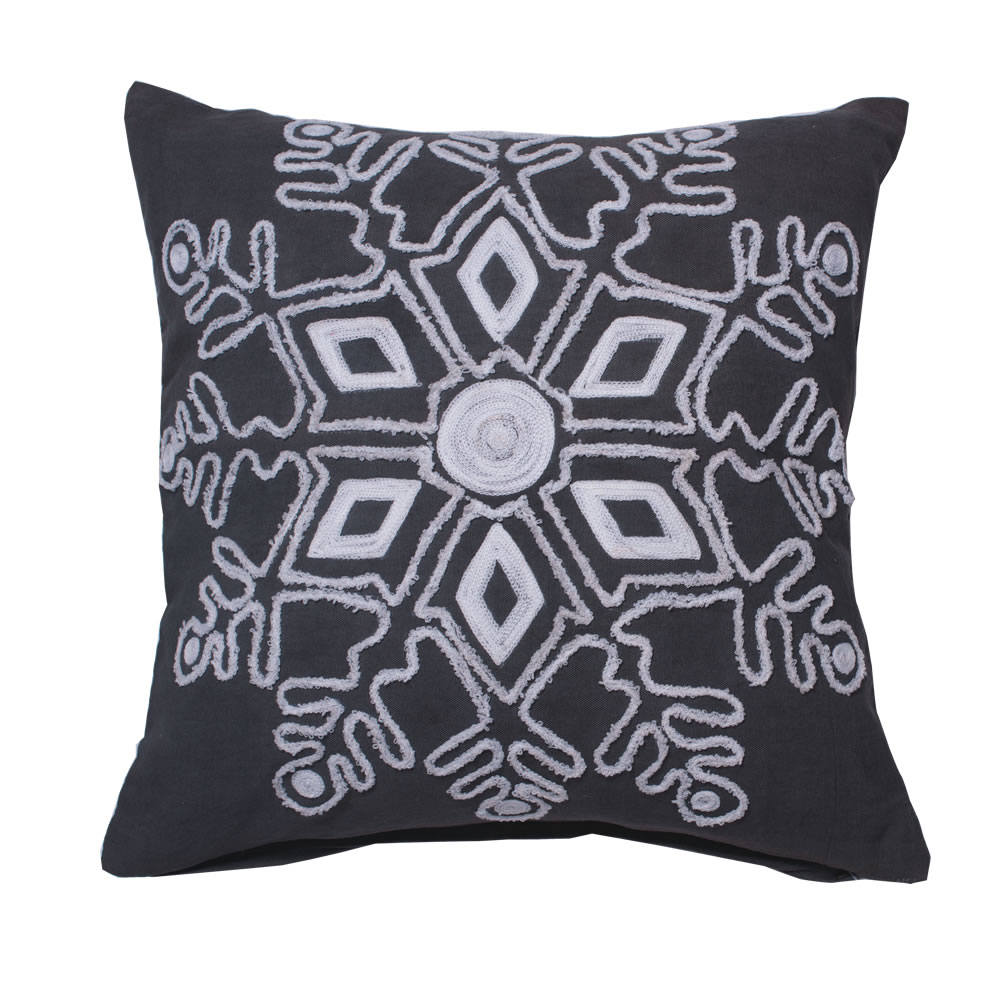 18 Inch Frosted Grey Duck Cloth With Embroidered Motif Winter Snowflake Decorative Christmas Pillow