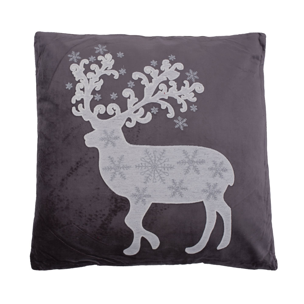 18 Inch Gray Cotton Velvet With White Aari and Silver Metallic Zari Embroidery Nordic Deer Decorative Christmas Pillow