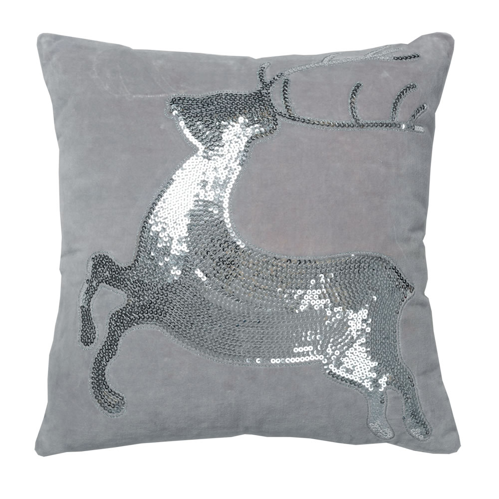 18 Inch Gray Cotton Velvet With Silver Sequin Motif Sparkling Deer Decorative Christmas Pillow