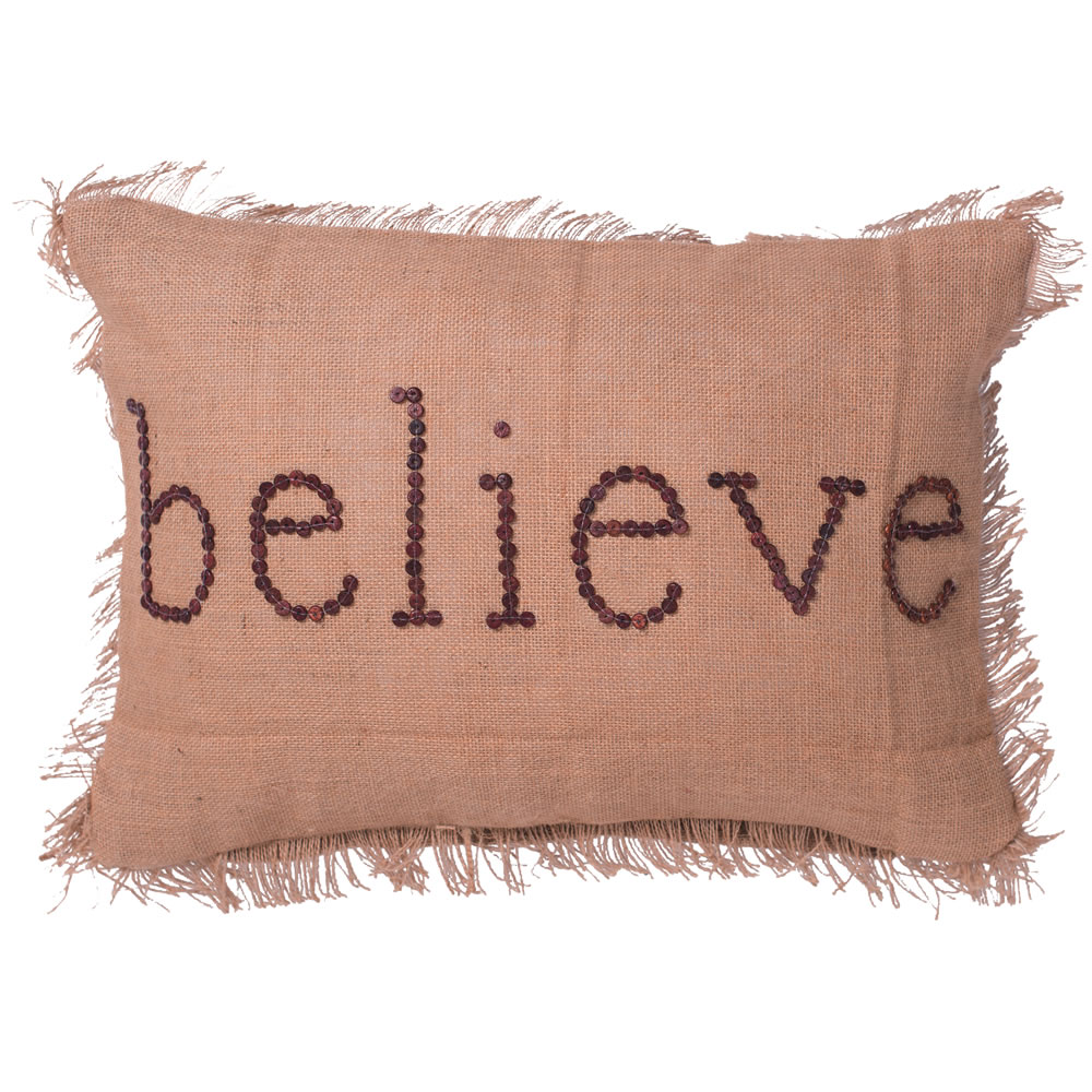 14 Inch Rustic Burlap With Wood Button Wording and Self Fringe Edging Believe Decorative Christmas Pillow