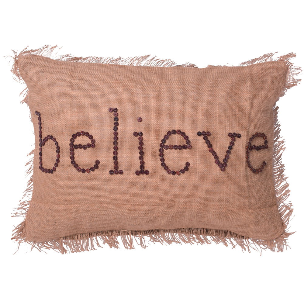 Christmastopia.com 14 Inch Rustic Burlap With Wood Button Wording and Self Fringe Edging Believe Decorative Christmas Pillow