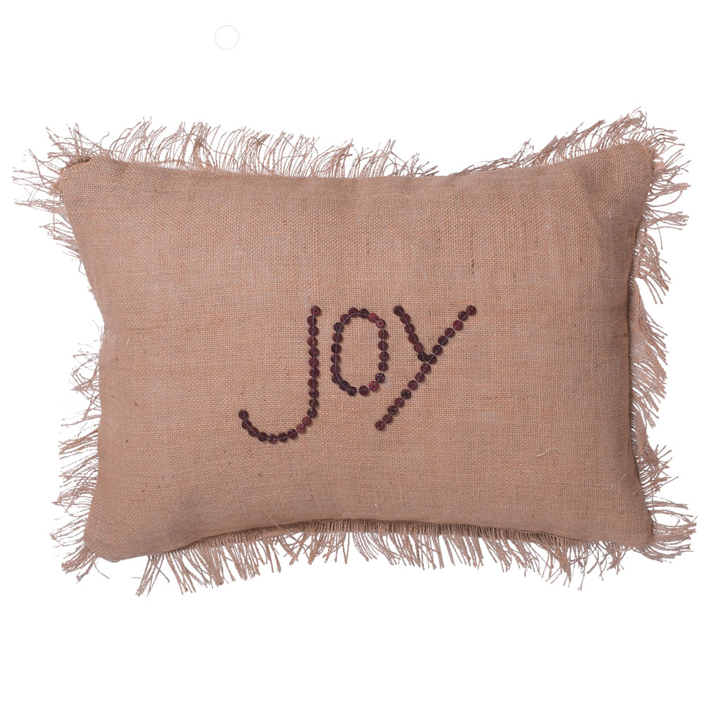 14 Inch Rustic Burlap With Wood Button Wording and Self Fringe Edging Joy Decorative Christmas Pillow