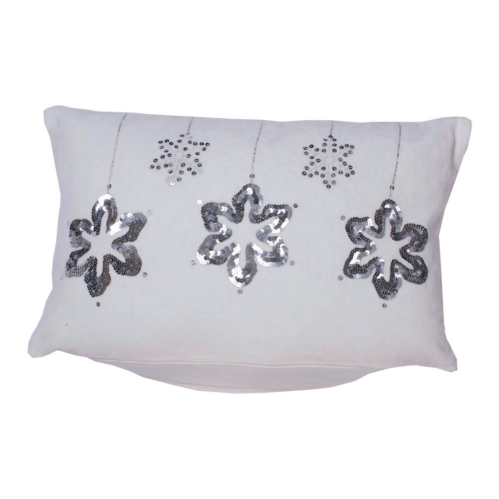 12 Inch Plush White Cotton Velvet With Sequin and Embroidery Motif Silver Flakes Decorative Christmas Pillow