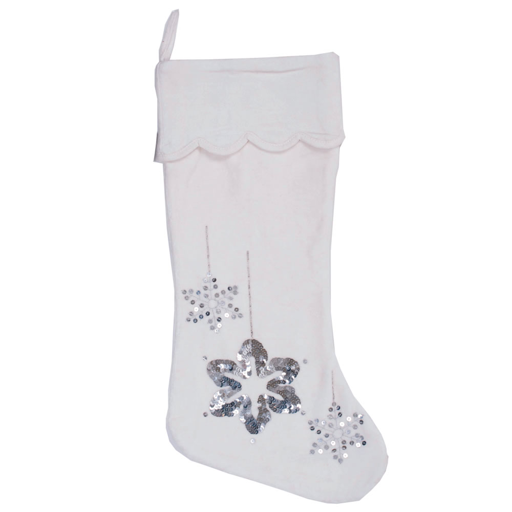 Plush White Cotton Velvet With Silver Sequin Embroidery Motif Silver Flakes Decorative Christmas Stocking