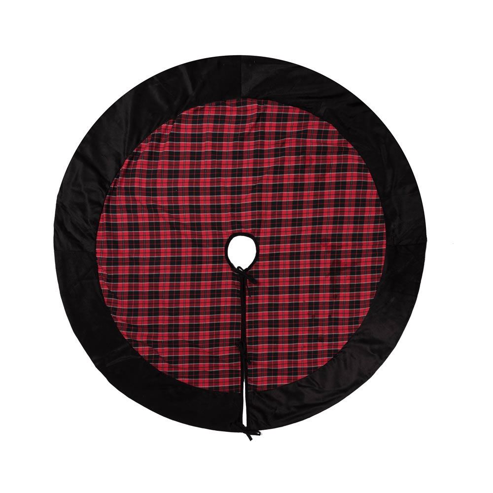 60 Inch Red and Black Cotton Holiday Plaid With Poly Velvet Border MacKenzie Decorative Christmas Tree Skirt