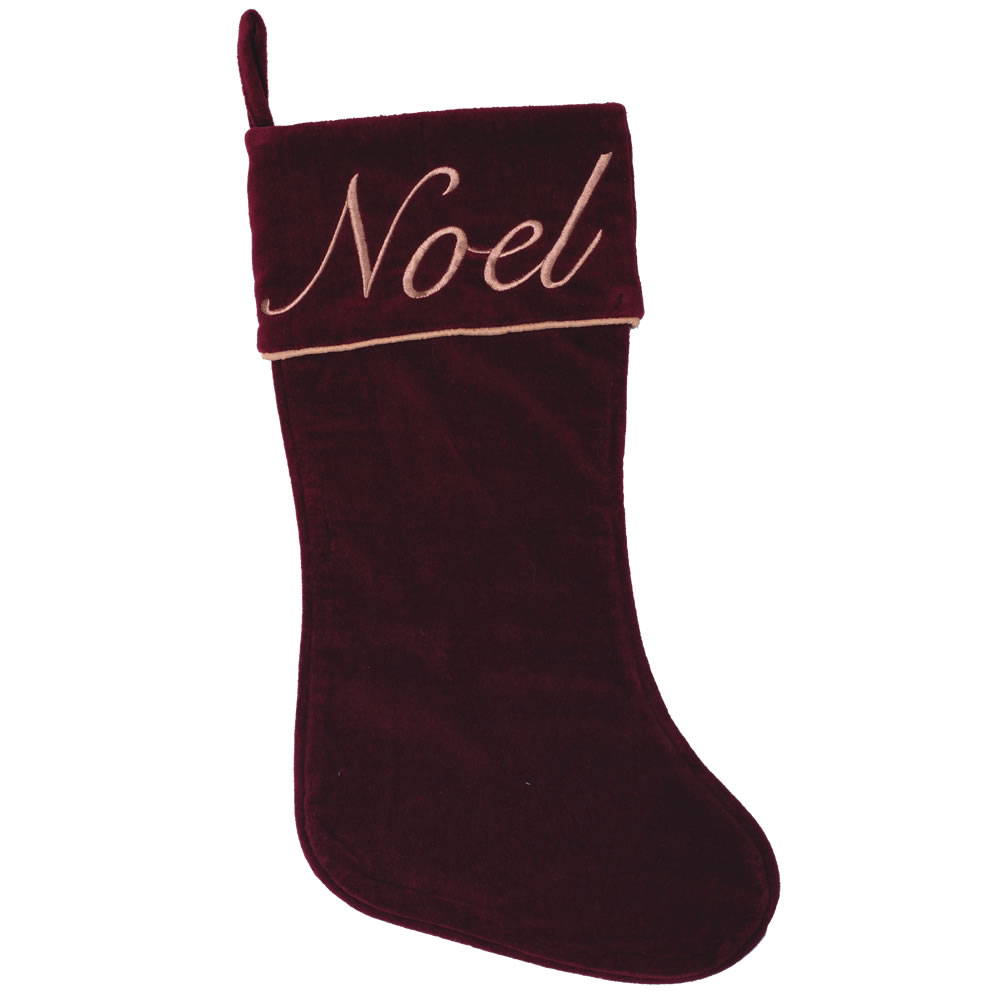 Burgundy Cotton Velvet Embroidered Motif Cuff and Gold Twist Cord Noel Decorative Christmas Stocking