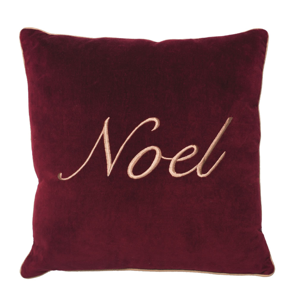 18 Inch Burgundy Cotton Velvet Embroidered Motif and Gold Twist Cord Noel Decorative Christmas Pillow