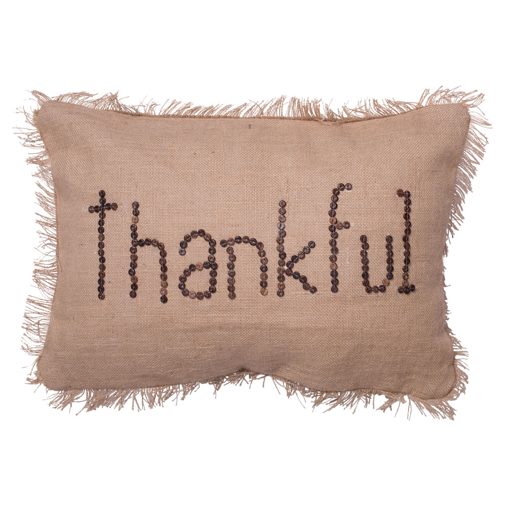 14 Inch Rustic Harvest Burlap With Self Fringe Edge and Wood Button Wording Thankful Decorative Christmas Pillow