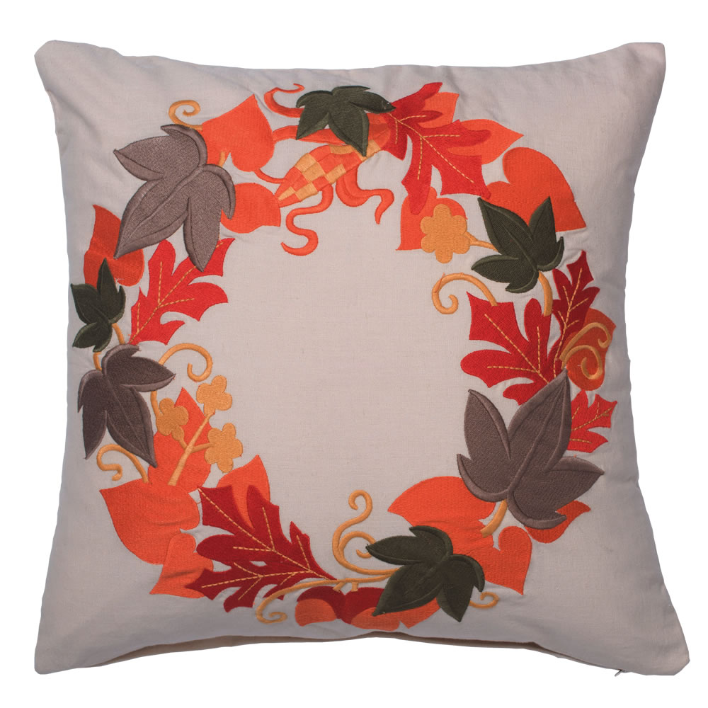 18 Inch White Natural Cotton With Embroidered Fall Leaf Harvest Wreath Decorative Holiday Pillow