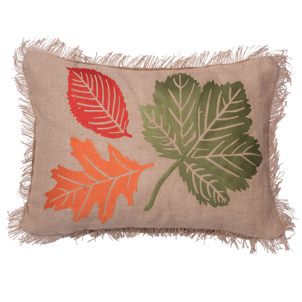 18 Inch Burlap Embroidered Self Fringe Edges Colorful Fall Harvest Leaves Decorative Holiday Pillow