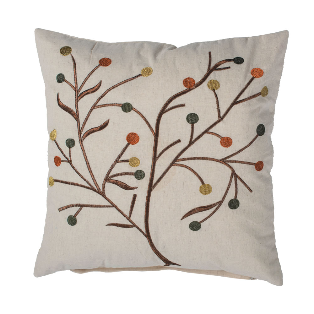 18 Inch Natural Cotton Linen Flex Cloth Embroidered Branches and Berries Harvest Branch Decorative Holiday Pillow