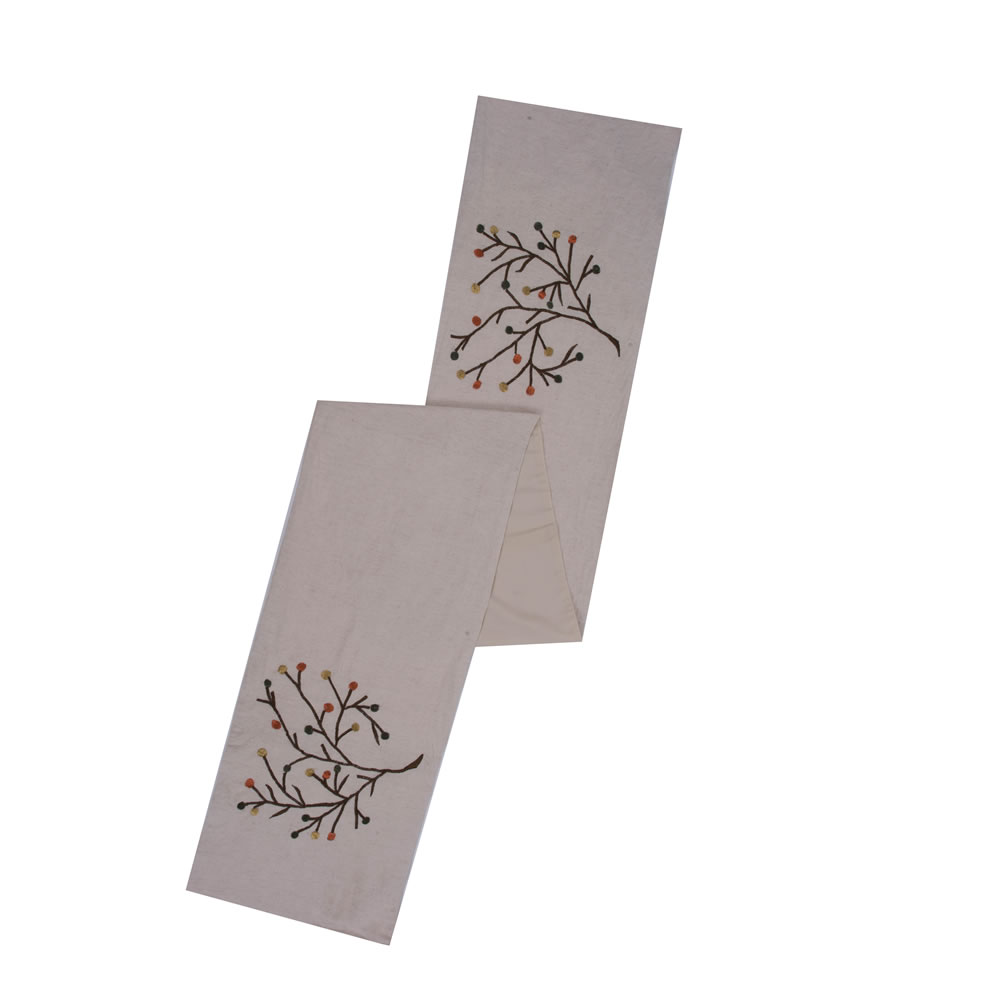 Beige Natural Cotton Linen Embroidered Branches and Berries Harvest Branch Decorative Holiday Table Runner