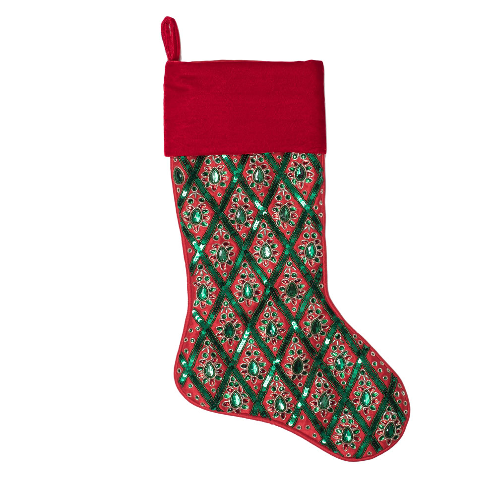 20 Inch Red and Green with Sequin Diamond Decorative Christmas Stocking