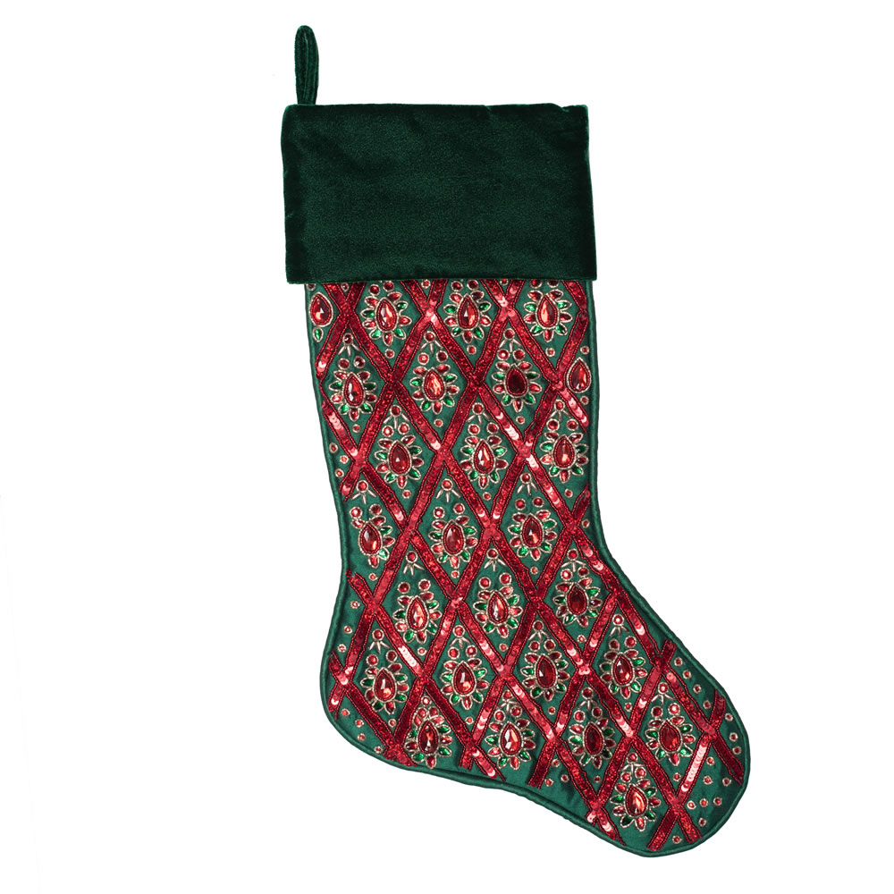 20 Inch Green and Red Sequin Diamond Decorative Christmas Stocking