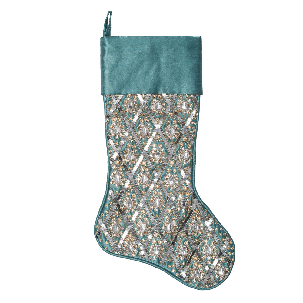 20 Inch Turquoise Sequin Diamond Decorative Christmas Stocking