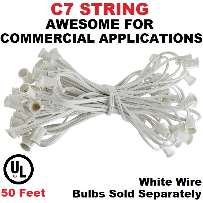 50 Foot C7 Socket Christmas Light Set 12 Inch Spacing White Wire
