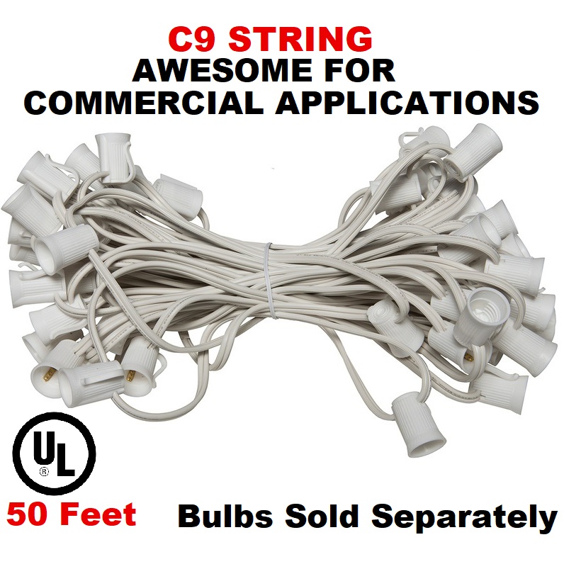 50 Foot C9 Socket Christmas Light Set 12 Inch Spacing White Wire