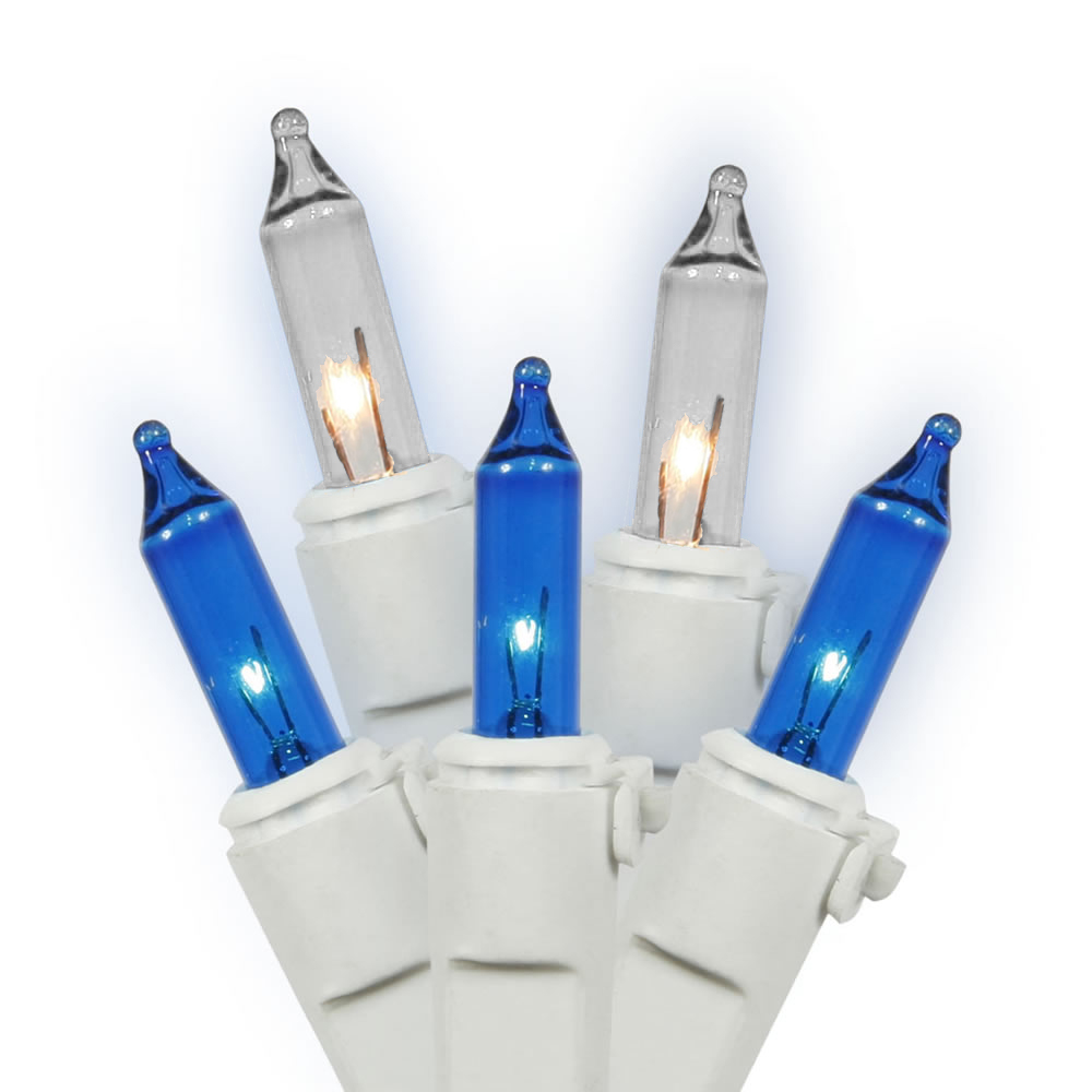 100 Incandescent Mini Blue and White Chanukah Light Set White Wire