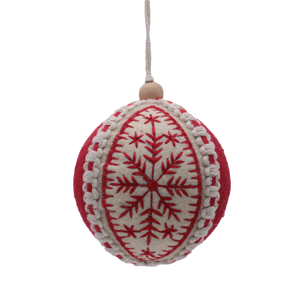4 Inch Red And White Felt Snowflake Round Christmas Ball Ornament Shatterproof