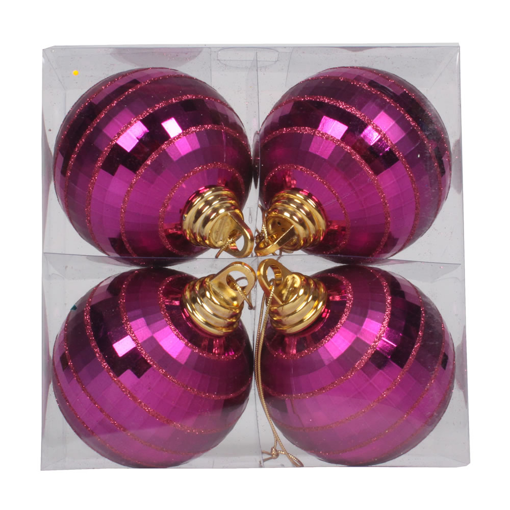 4 Inch Magenta Shiny Matte Mirror Round Shatterproof Christmas Ball Ornament 4 per Set