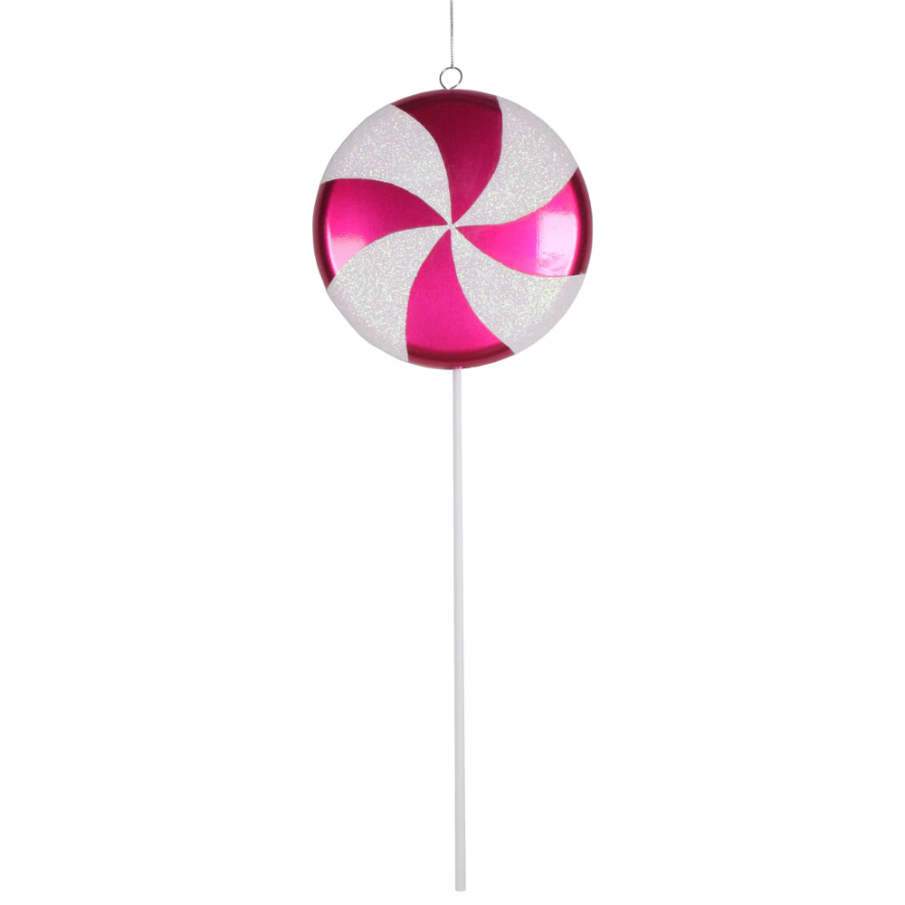 17 Inch Cerise Pink White Stripe Candy Iridescent Glitter Lollipop Christmas Ornament