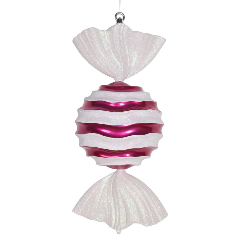 18.5 Inch Cerise Pink White Stripe Wave with Glitter Christmas Candy Ornament