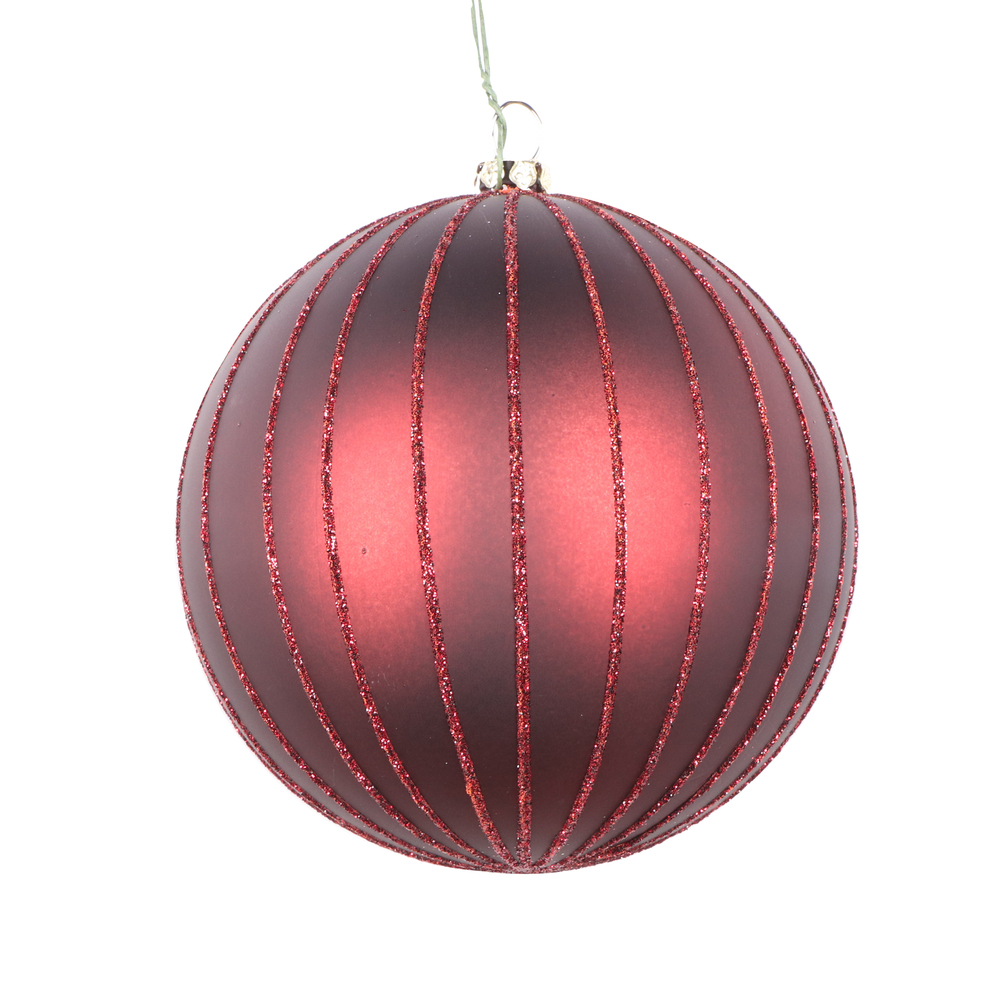 4 Inch Burgundy Matte Glitter Round Christmas Ball Ornament Shatterproof