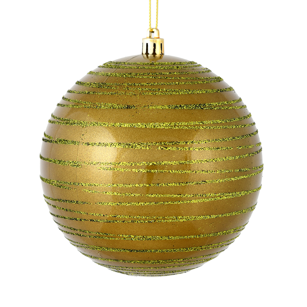 Christmastopia.com 3 Inch Olive Green Candy Glitter Lines Round Christmas Ball Ornament Shatterproof