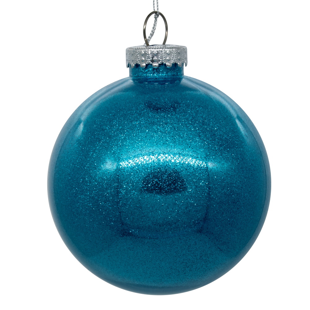 3 Inch Turquoise Glitter Clear Round Christmas Ball Ornament Shatterproof