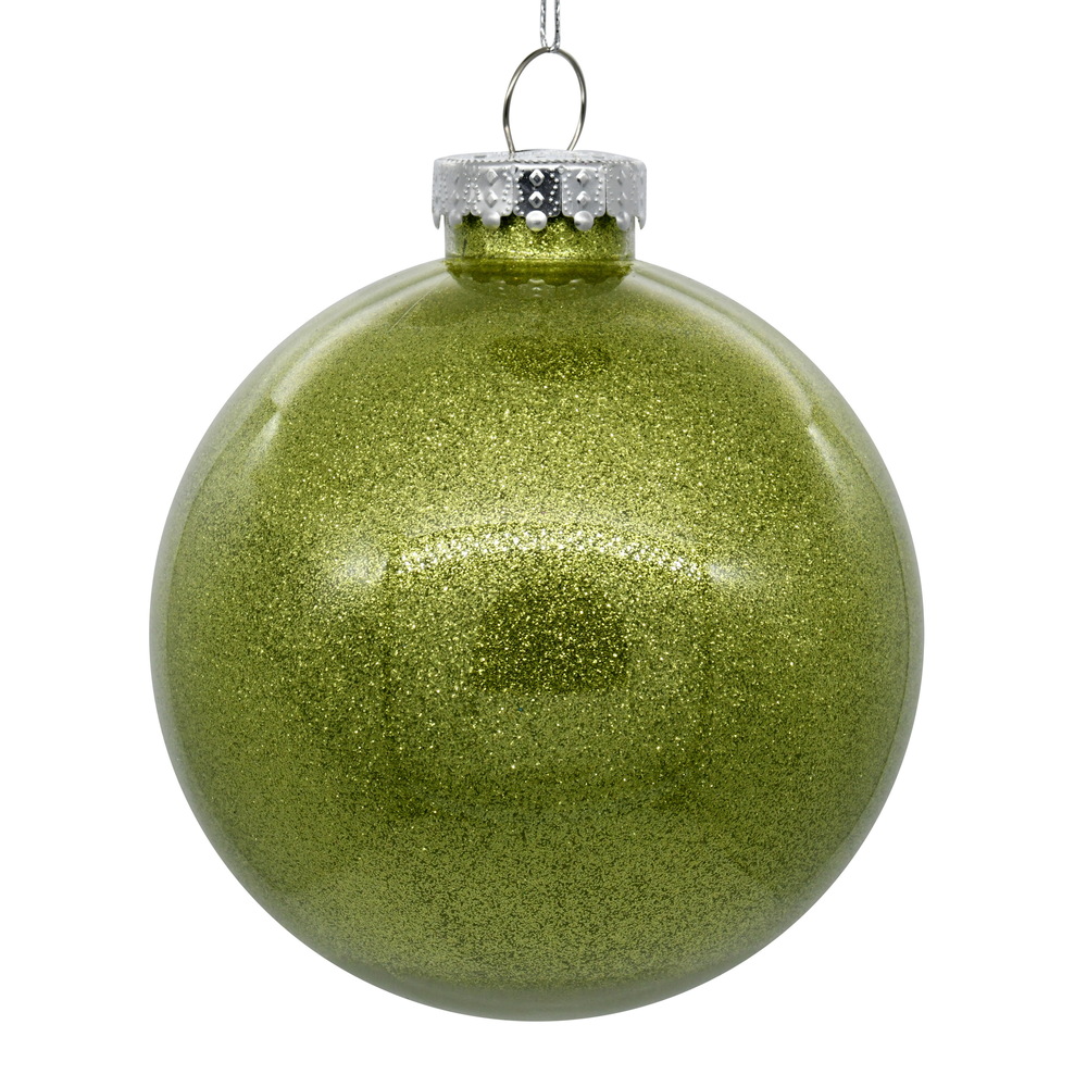 3 Inch Lime Glitter Clear Round Christmas Ball Ornament Shatterproof