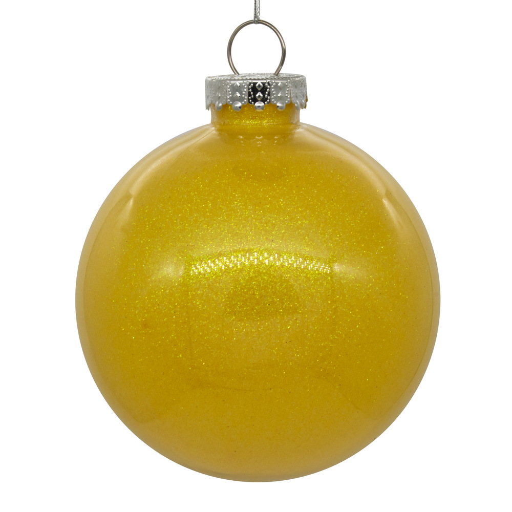 3 Inch Yellow Glitter Clear Round Christmas Ball Ornament Shatterproof