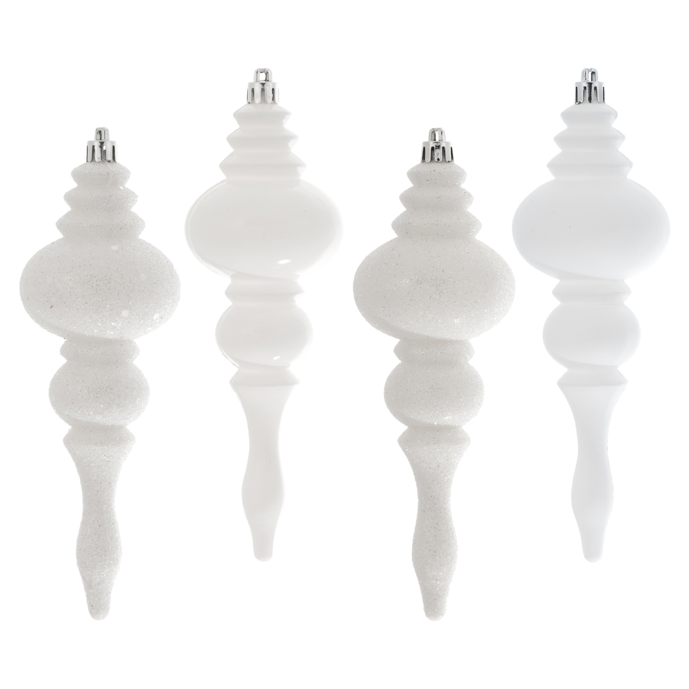 7 Inch White Finial Assorted Finishes Christmas Ornament Shatterproof Set of 8