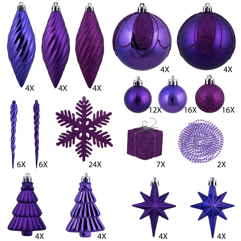 125 Piece Purple Assorted Plastic Christmas Ornament Set
