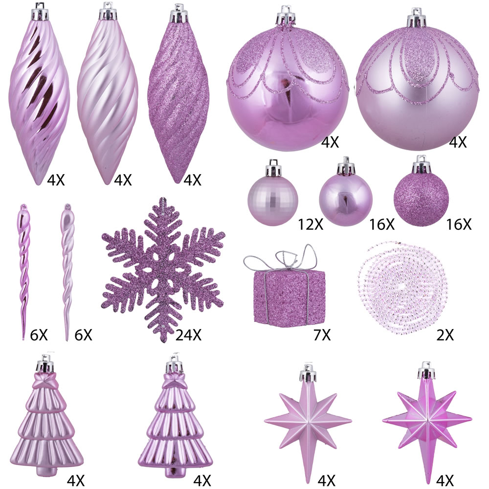 125 Piece Pink Assorted Plastic Christmas Ornament Set