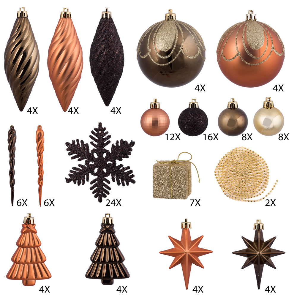 125 Piece Mocha Assorted Plastic Christmas Ornament Set
