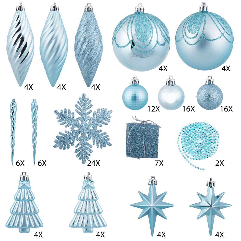 125 Piece Baby Blue Assorted Plastic Christmas Ornament Set