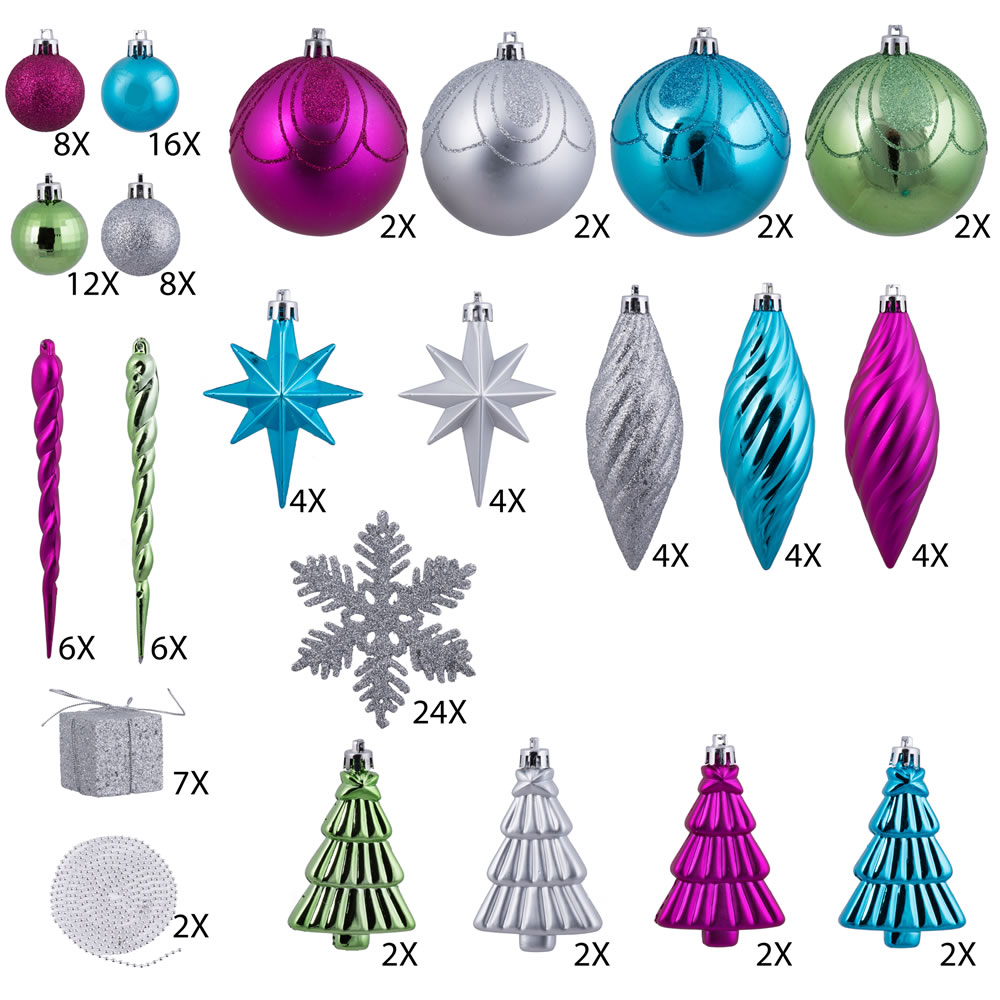 125 Piece Multi Color Assorted Plastic Christmas Ornament Set