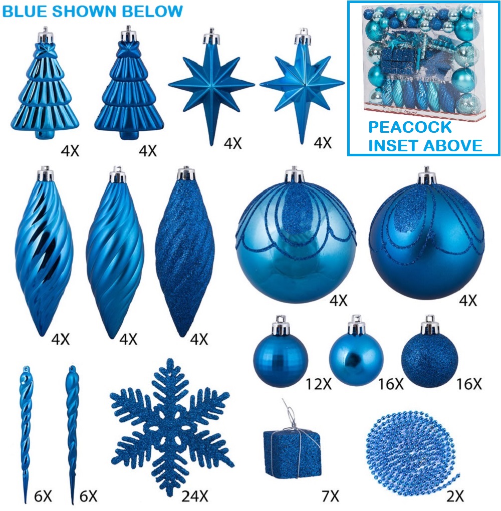 125 Piece Peacock Blue Assorted Plastic Christmas Ornament Set