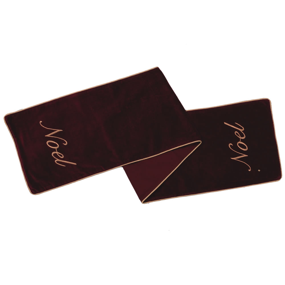 Burgundy Cotton Velvet Embroidered Motif and Gold Twist Cord Noel Decorative Christmas Table Runner