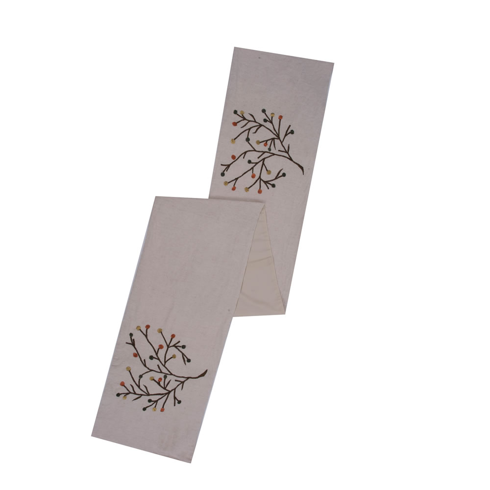 Beige Natural Cotton Linen Flex Cloth Embroidered Branches and Berries Harvest Branch Decorative Holiday Table Runner