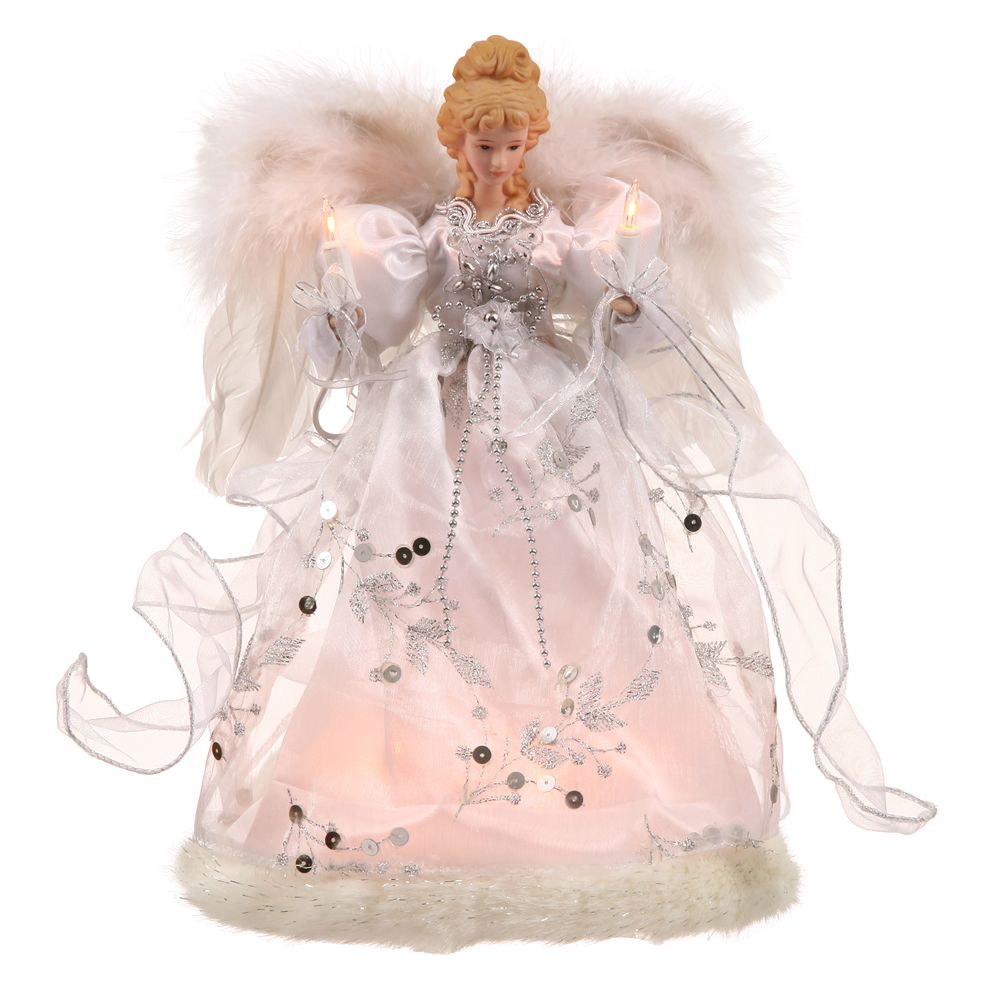 12 Inch Angel White Silver with Feather Wings Lighted Christmas Tree Topper