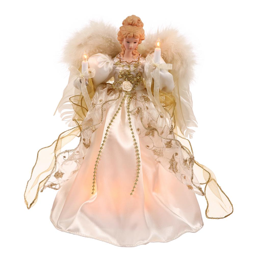 12 Inch Angel White Gold with Feather Wings Lighted Christmas Tree Topper