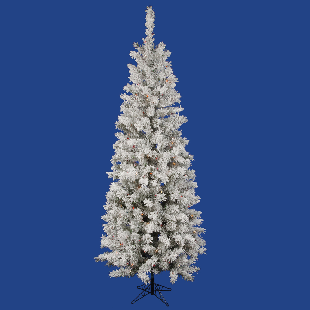 9.5 Foot Flocked Pacific Pencil Artificial Christmas Tree 400 LED Multi Lights