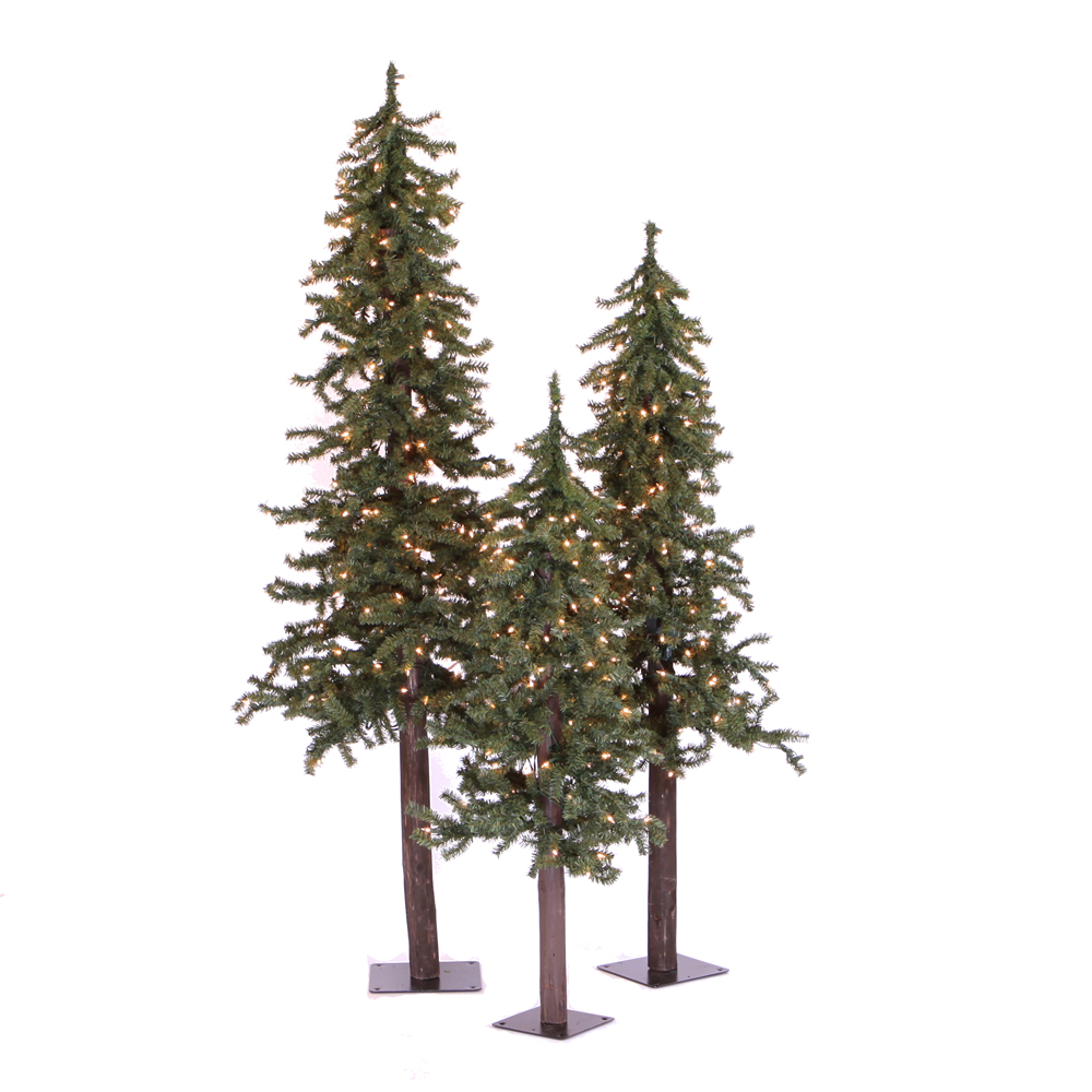 Natural Alpine Artificial Christmas Tree - 205 Incandescent Multi Color Mini Lights - Small Set of 3