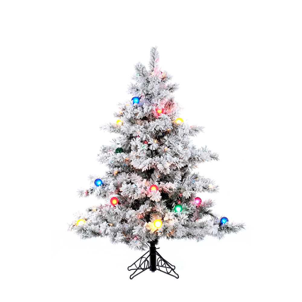 4.5 Foot Flocked Alaskan Pine Artificial Christmas Tree 200 DuraLit Multi Lights With G50 Multi Lights