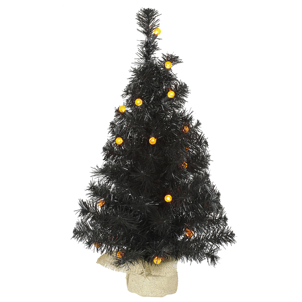 2 Foot Black Pine Artificial Halloween Tree 25 LED G12 Orange Globe Lights