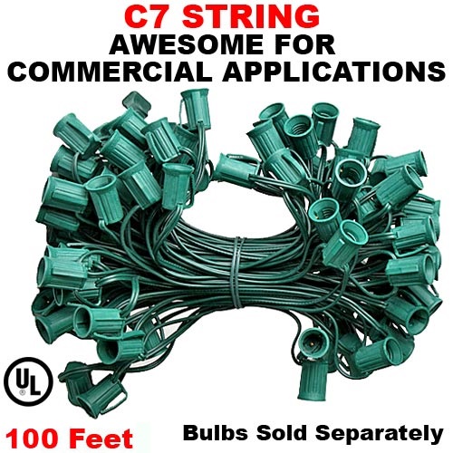100 Foot C7 Socket Christmas Light Cord 12 Inch Spacing Green Wire