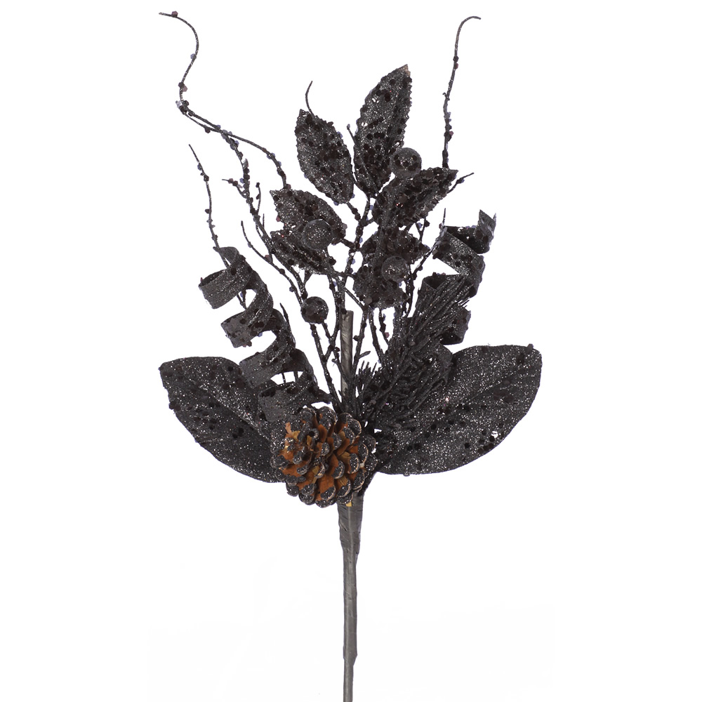 Black Glitter Sequin Foliage Pine Cone Decorative Artificial Christmas Spray Set of 12