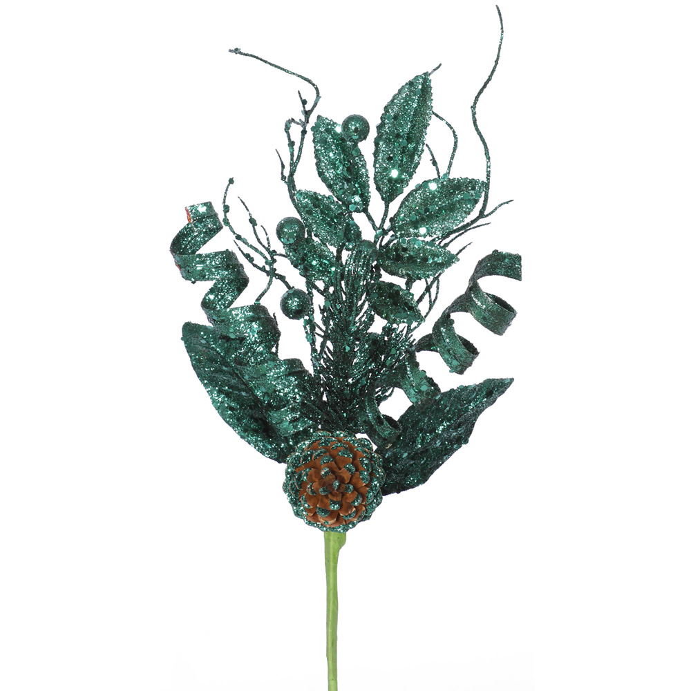 Emerald Sequin Foliage Pine Cone Decorative Artificial Christmas Spray Set of 12